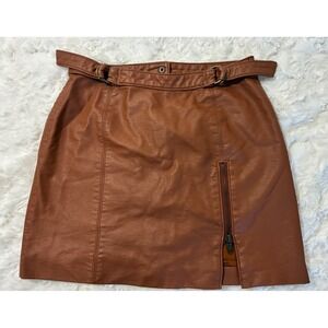 Free People Brown Vegan Leather Mini Skirt Belted Side Zip Cognac Size 0
